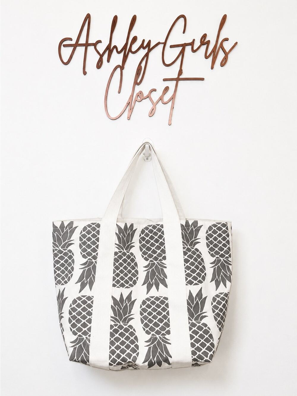 totes White and Gray Pineapple Print Canvas Tote